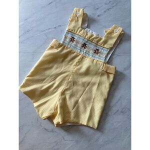 Vintage yellow baby overall teddy bear gingham smocked 12-18 boys shortall